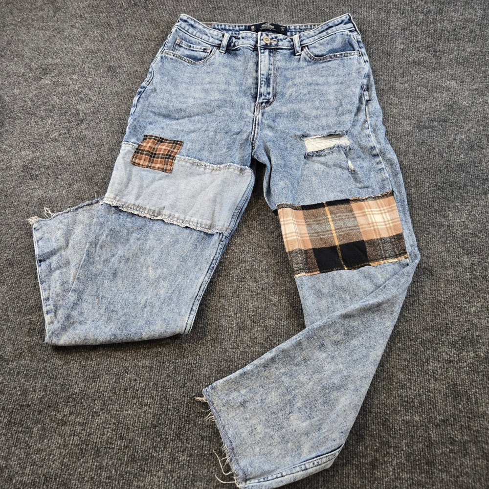 Hollister Plaid Patchwork Ultra High Rise Mom Jeans 9R W29 Acid Wash Cottagecore